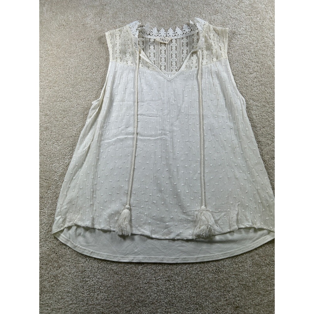 Ember Womens Size L White Swiss Dot Sleeveless Top Lace Trim Semi Sheer Coquette